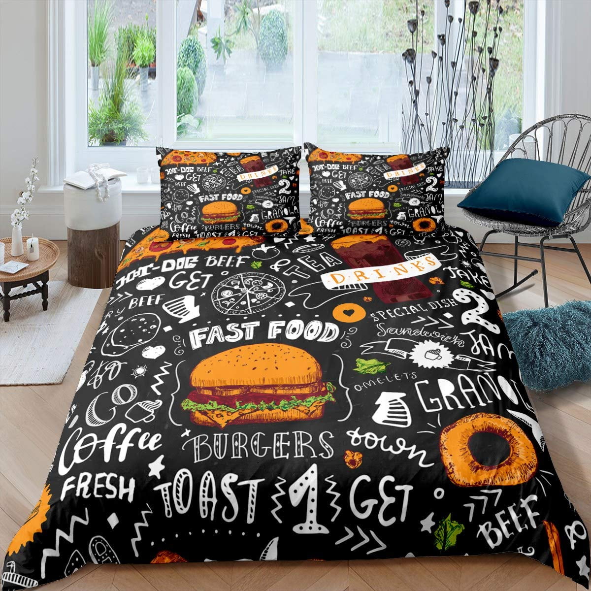 

Comforter American Fast Food Pizza Dog Hamburger Print Bedding French Fries Cartoon Style For Kids Boys Soft Comforter (quilt)-EU Single(135*200cm)3pcs
