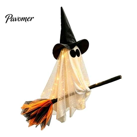 Creative Halloween Holiday Gifts Flying Ghost with Witch Broom, Large Lighted Hanging Decoration Waterproof Haunted House Supplies Hat for Lawn Patio