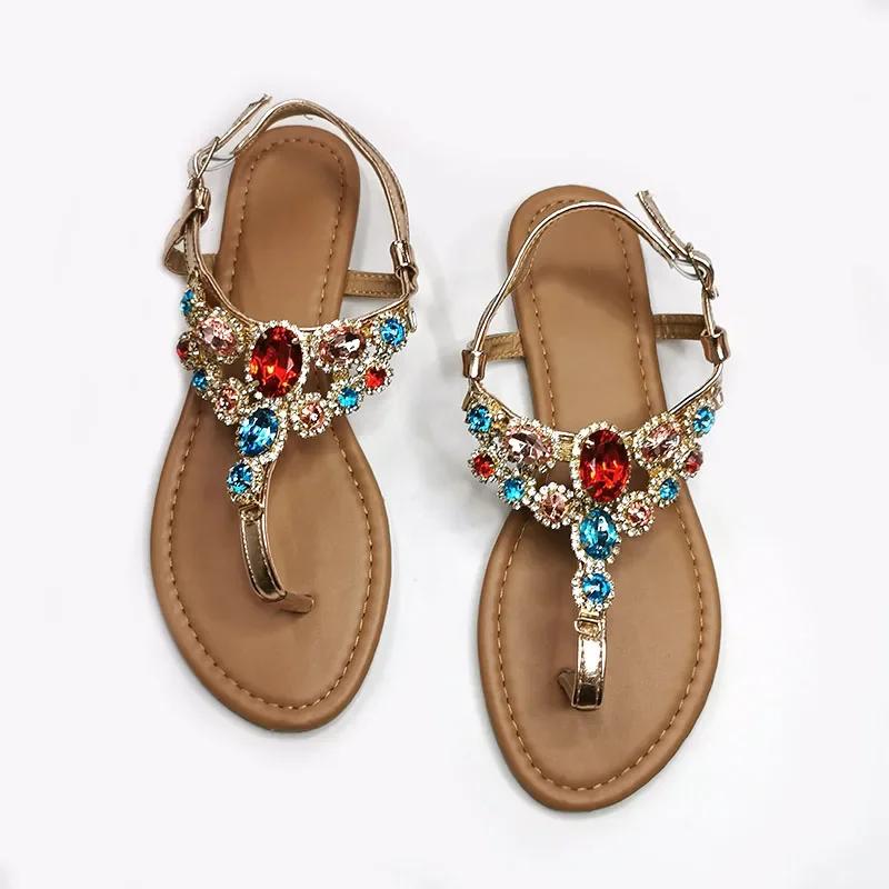 

Fashion 2025 Summer Glodiator Women Sandals Colored Big Diamond Party Shoes Rhinestone Decoration Simple Comfort Casual Woman Sandalias 39 золотий
