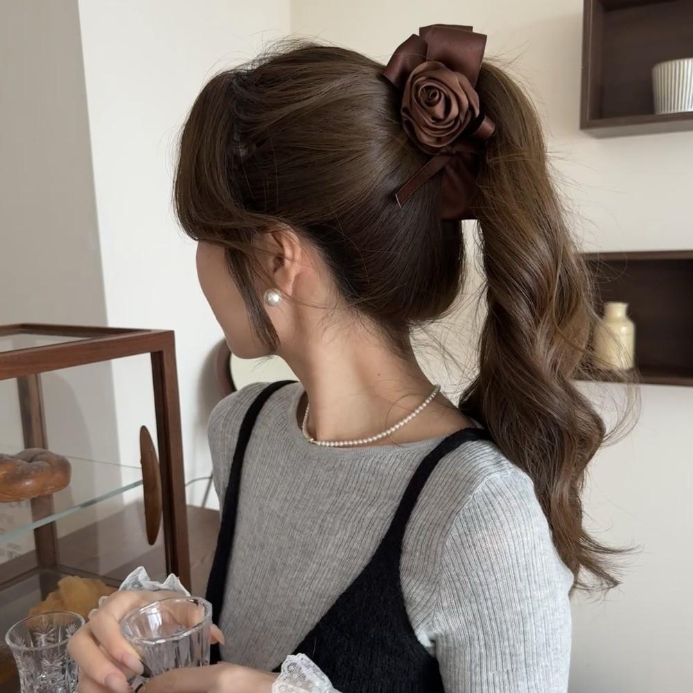 Jaw Clip Style Rose Hair Clip Satin Ribbon Ponytail Hair Claw Retro Rose Banana Clip For Women