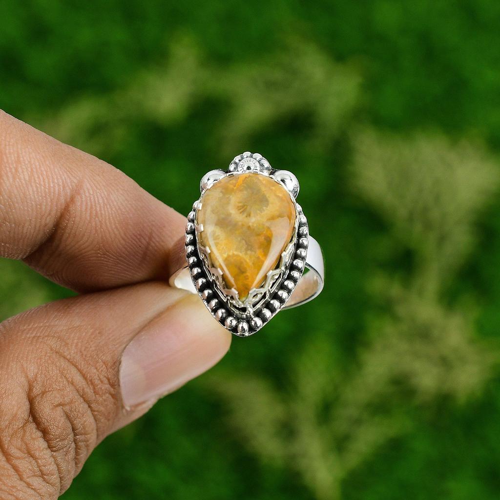 Sterling Silver Fossil Coral Gemstone Promise Stackable Root Chakra Ring Jewelry