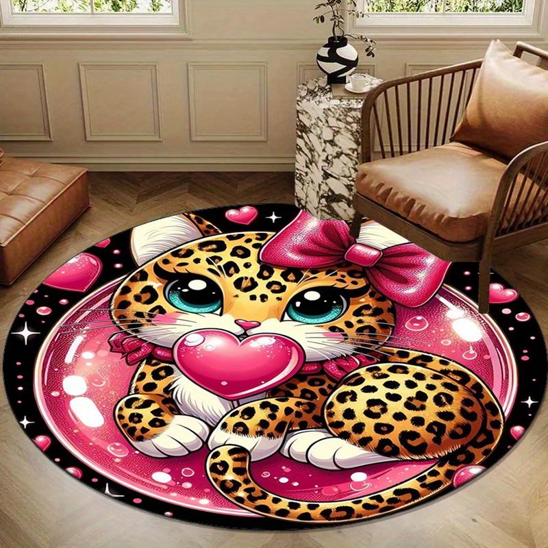 Cheetah Love Printed Round Area Rug, Crystal Velvet, Non-Slip Mat, Polyester Chair Pad for Bedroom, Living Room, Home Decor, 3D Effect
