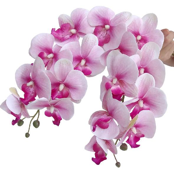 HinyoCo 5 Pcs Artificial Orchid Flowers and 2 Bundles Leaves,Artificial Phalaenopsis Flowers 32 Inch Stem Plants for Home Wedding Decoration (White