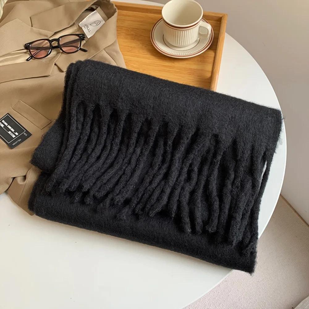 

New Warm Winter Cashmere Scarf Solid Color Mohair Long Tassel Scarves Soft Thickened Wrap Shawls Women чёрный