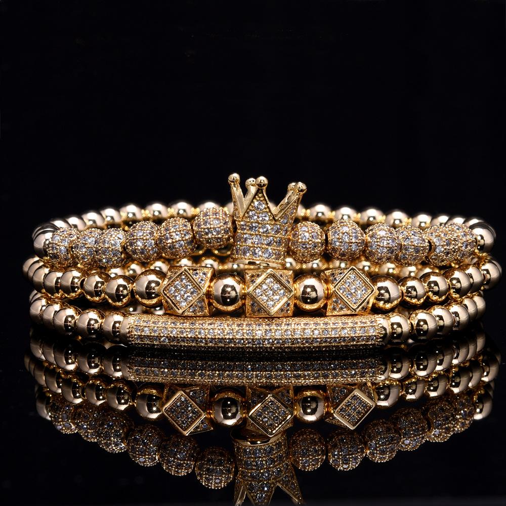 2026 Stretch 3-piece Crown Bracelet Micro-inlaid Bent Pipe Bracelet European and American Style Jewelry