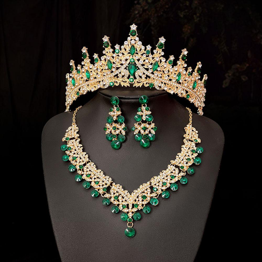 Europäischer und Amerikanischer Brautschmuck Dreiteiliges Set aus Hochwertigem Abschlussball-Hochzeitsschmuck Legierung Diamant Krone Halskette Ohrringe Set