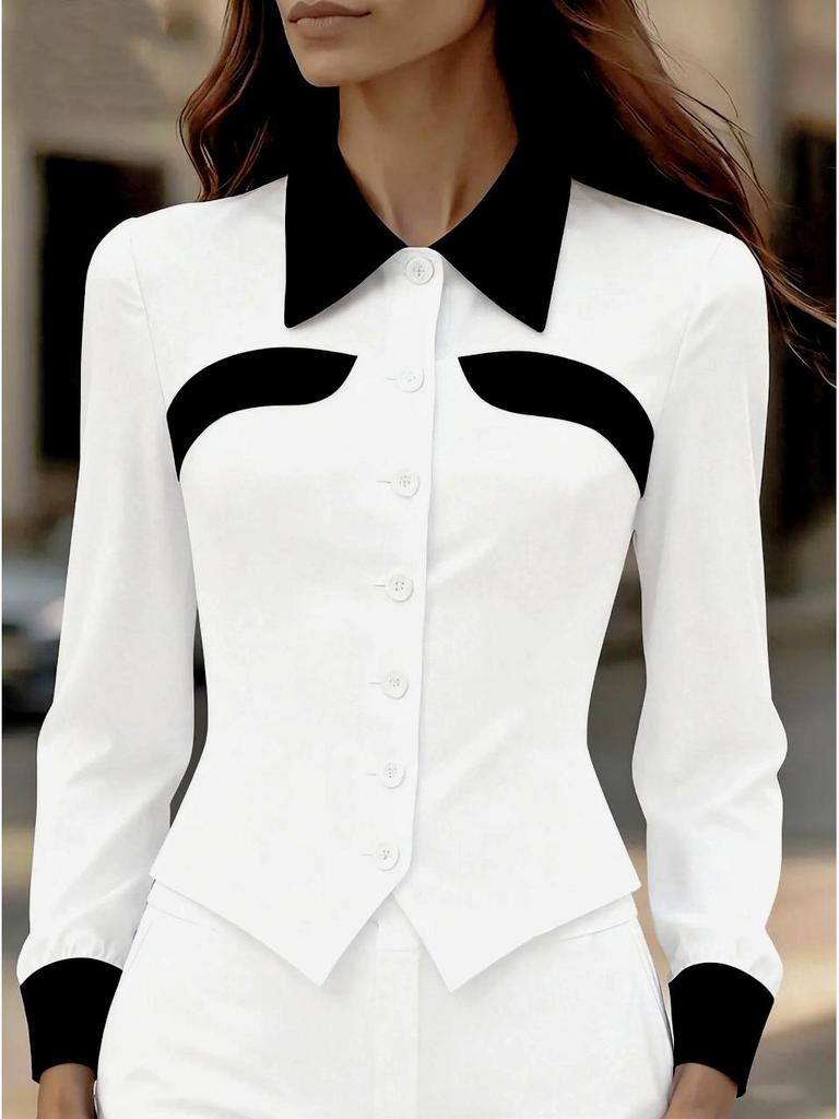 European 2025 Fashion Slimming Color Block Long Sleeve Women's Shirt