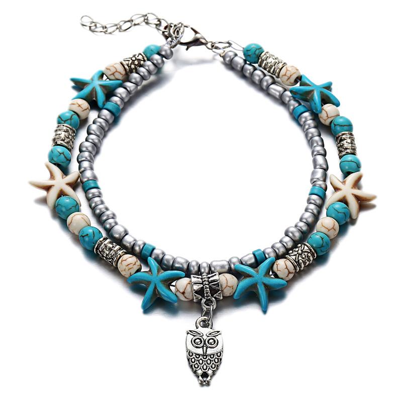 Bohemian Multi-layer Starfish Turtle Anklets For Women Vintage Elephant Owl Beads Chain On Leg Ankle Bracelet Beach Jewelry