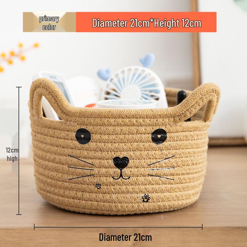 Cartoon Woven Cotton Rope Storage Basket for Cat, Remotes, Sundries, and Cosmetics