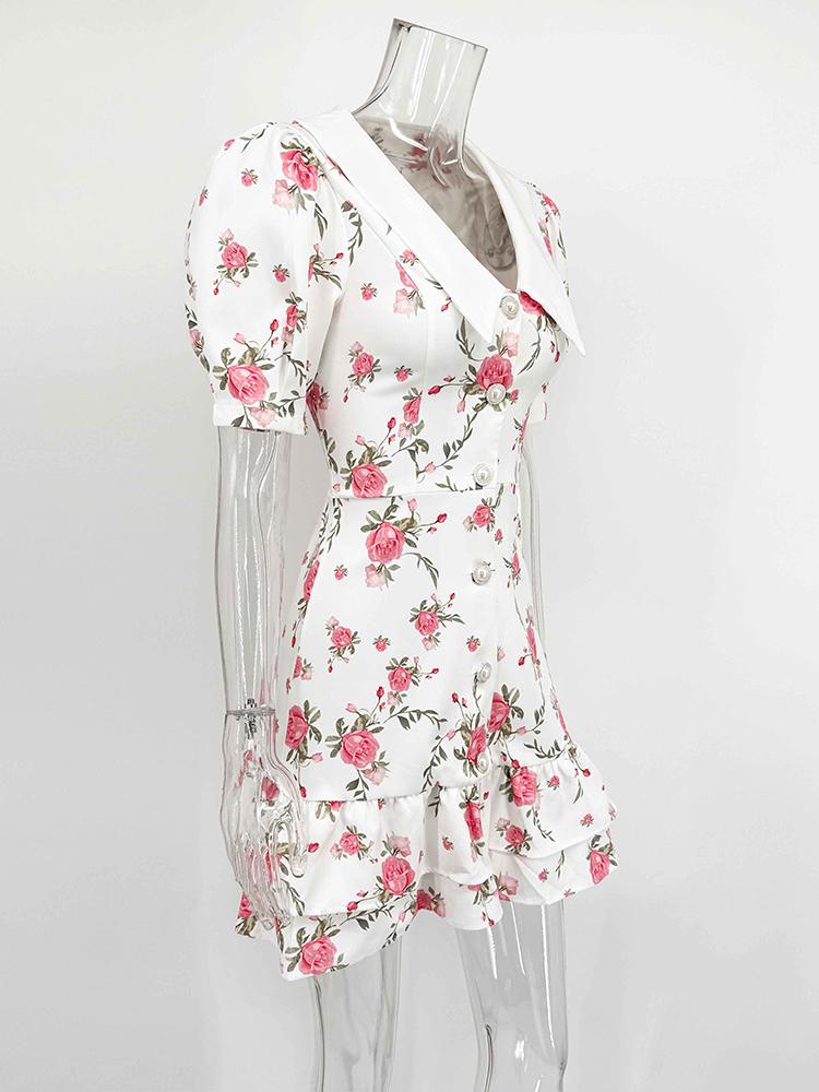 Summer Print Puff Sleeves Ruffled Dress Women's V-Neck High Waist Pearl Buttons Mini Dress Female Casual Vacation Fashion Dress