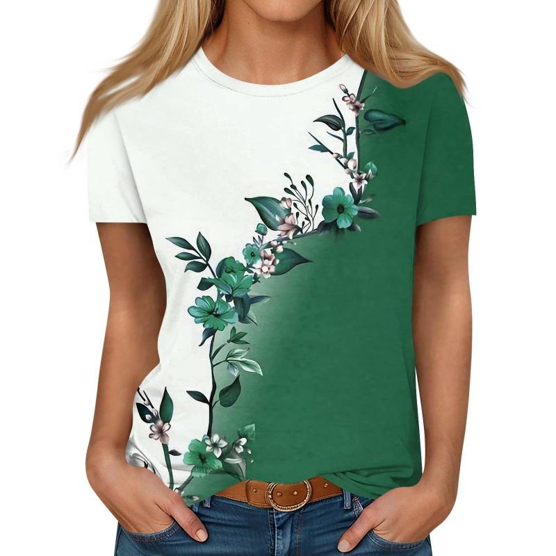 Sommer Mode Floral Color Block Gedruckt Damen Rundhals Kurzarm T-Shirt