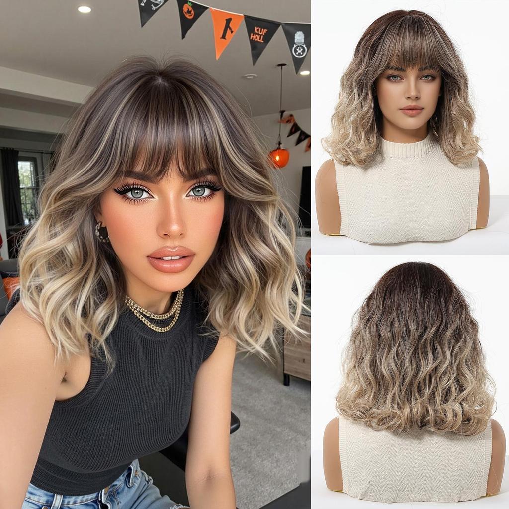 Short Wavy Blonde Bob Wig with Bangs for Women Synthetic Hair Daily Party Halloween