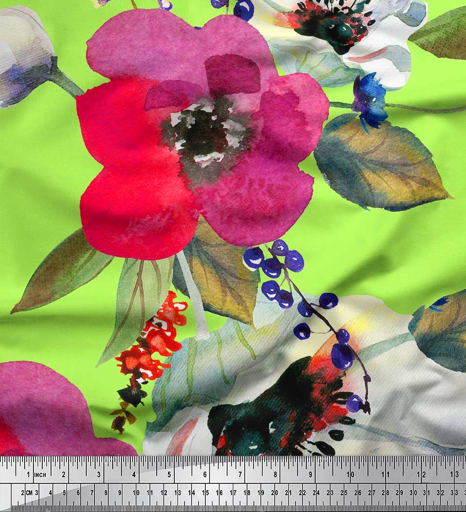 

Чорна японська креп-атласна тканина Soimoi з принтом із листям і квітами маку 1 ярд 42 дюйма 42 Inch Wide - Poly Crepe зелений