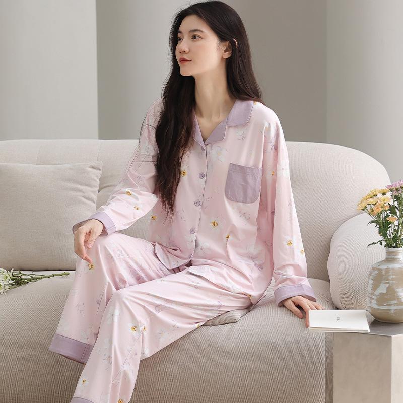 Pajamas women's spring and autumn pure cotton long-sleeved women's autumn middle-aged mother autumn and winter thin large-size high-end loungewear