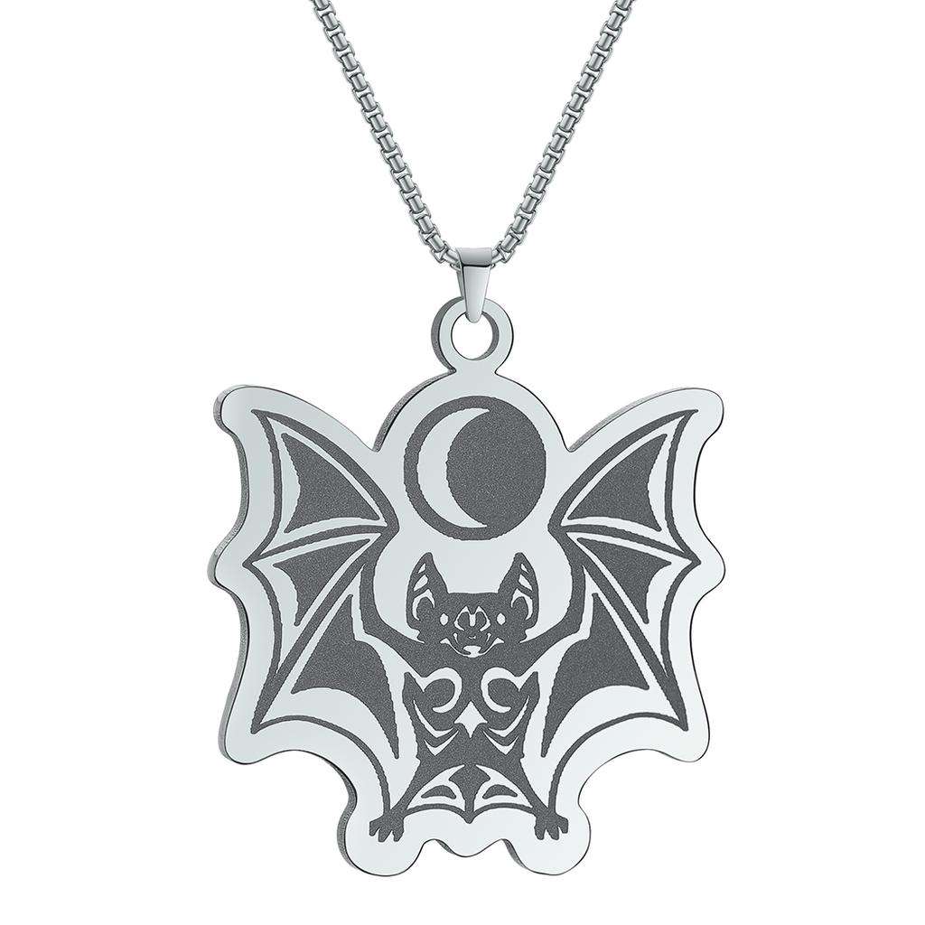 Kinitial Stainless Steel Runic Tribal Vampire Bat With Moon Men Necklace Punk Jewelry Pendant Necklace