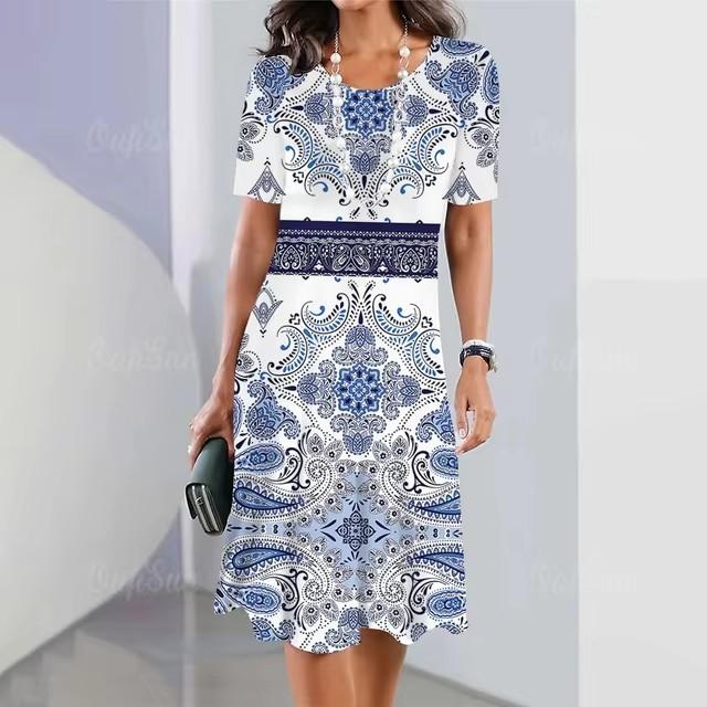 Elegante Abito Midi da Donna a Maniche Corte Moda Stampa 3D Taglie Forti Abbigliamento da Spiaggia