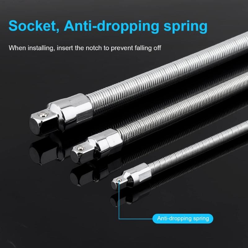 Set of 3 Wrench Sleeve Extension Rod Bendable Socket Tool Kit Bendable Drive Head Adapters for Automotive and Home Use