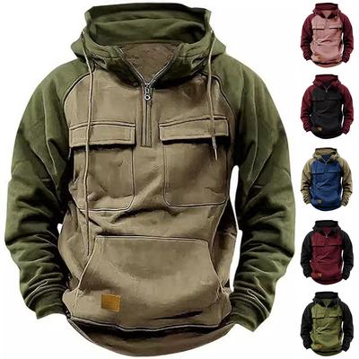 Spring Autumn Winter Hooded Loose Standing Collar Casual Sweatshirt Men's Multi-Pockets Cardigan Zipper Jacket Moisture Wicking Breathable Tops