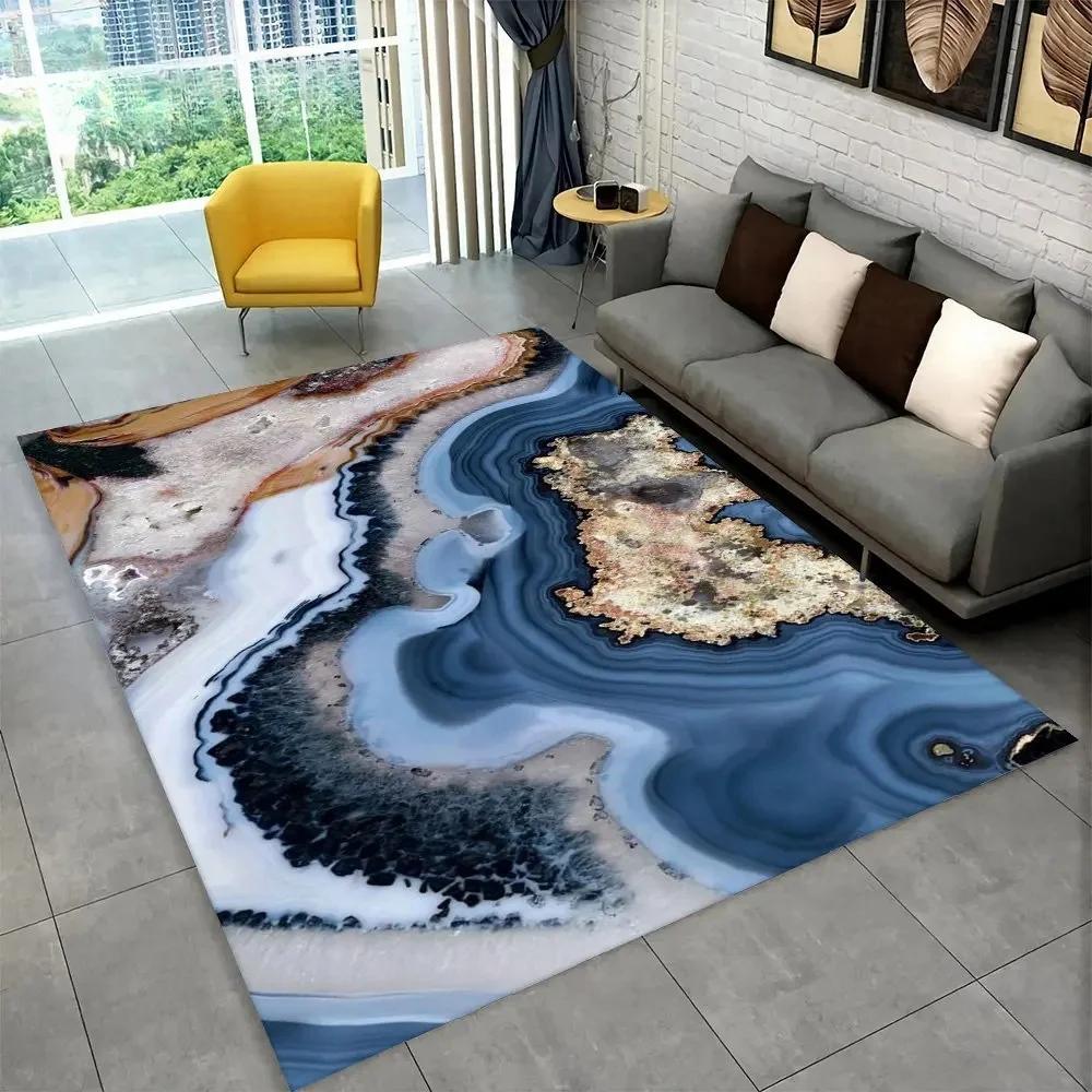 Sophisticated Nordic Blue and Gold Marble Floor Mat Geometric Carpet for Living Room or Bedroom Non-Slip Rug for Sofa Doormat