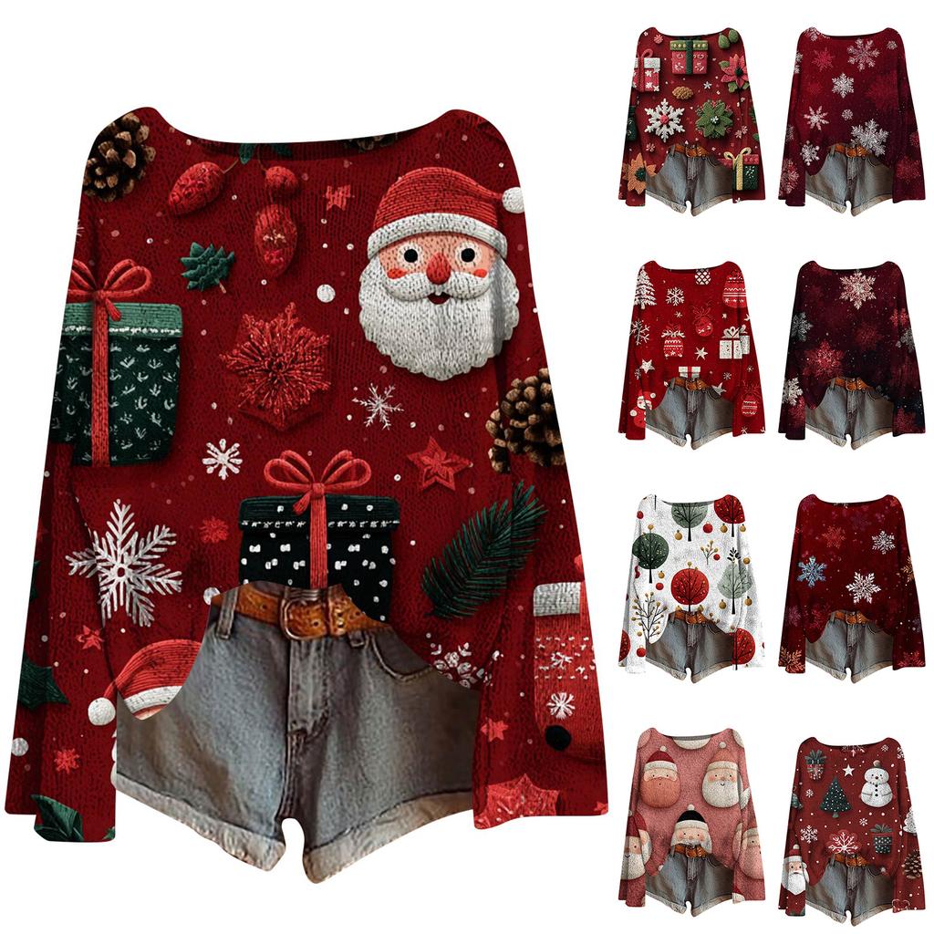 Women's Fashion Christmas Print Lightweight Sweater Casual Long-Sleeve Knit Pullover Top