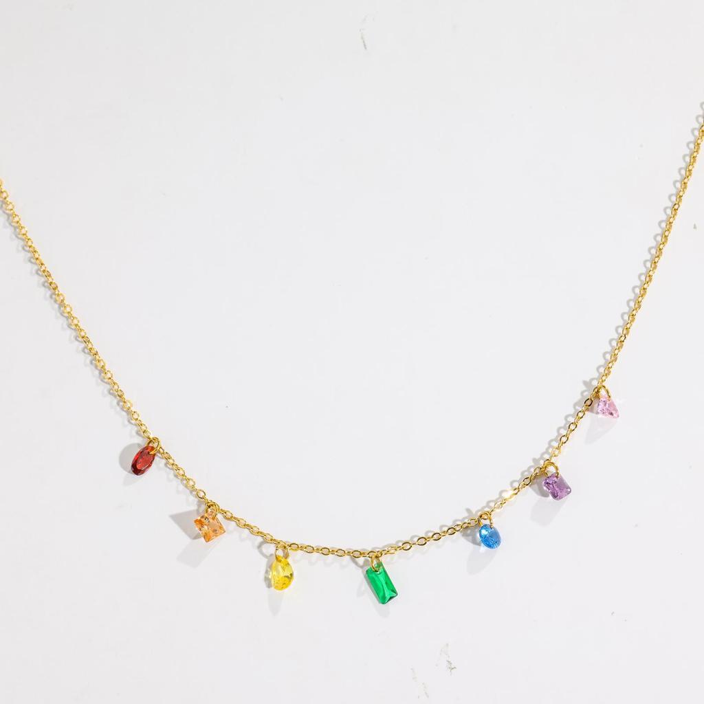 Full Diamond Necklace, Colored Gemstone Necklace, Stacked Temperament Titanium Steel 18K Gold Zircon Necklace Does Not Fade Women