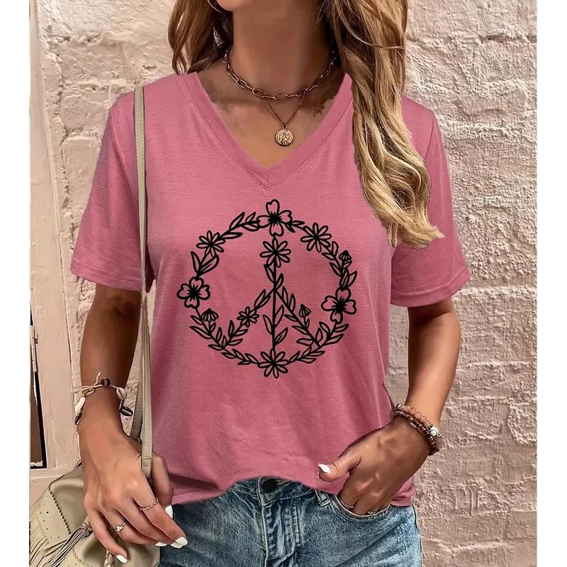 Mode Kranz Malerei Blusen Kurzarm V-Ausschnitt T-Shirts Lässig