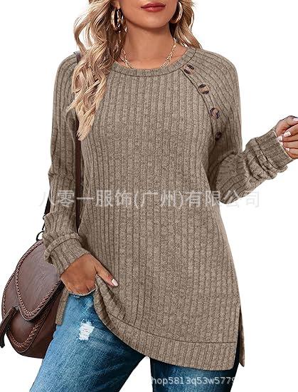 Women's Crew Neck Long Sleeve Tunic Top Ribbed Knit Raglan Sleeve Button Decor Split Hem Casual Pullover Shirt
