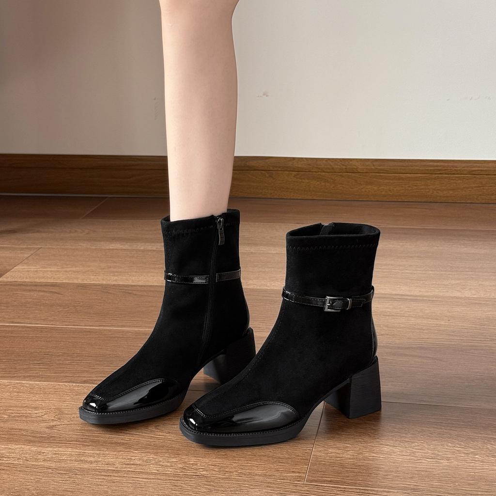 High-heeled short boots women's 2025 new side zipper thick heel winter women's boots square head splicing medium tube fashion boots