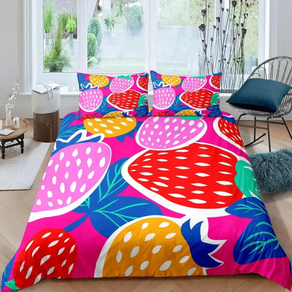 Sada povlaku na přikrývku Jahoda Dívka Velikost King Sada povlaku na přikrývku Červená Jahoda Ložní souprava Jídlo Ovoce Povlak na přikrývku pro děti Dárek