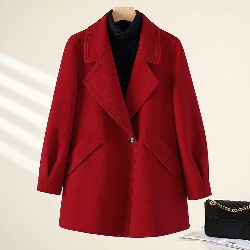 Damen Roter Wollmantel Koreanischer Stil Lockere Passform Vintage Mode Blazer Revers Winterjacke