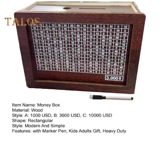 Wooden Money Box with Counter Marker Pen 1000/3000/10000 USD Piggy Bank Coin Cash Container Kids Adults Money Saving Challenge Case Jar