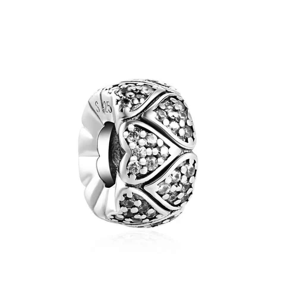 New Shining Zircon Love Heart Spacer Bead 925Silver Pendant for DIY Bracelet Flower Charm Women Jewelry Making