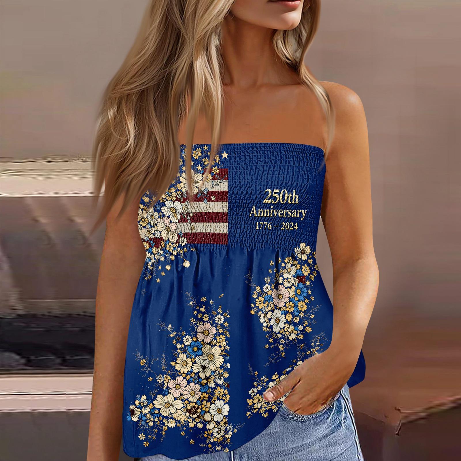 

Летние топы-трубы для женщин, милая сексуальная футболка без рукавов с принтом на открытых плечах L синий