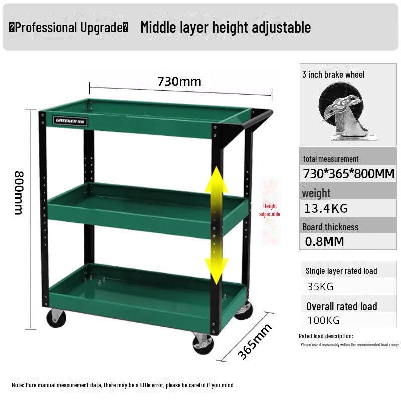 "Green Forest Utility Cart: Three-Layer Tool Trolley & Flatbed for Auto Repair & Beauty Supplies"