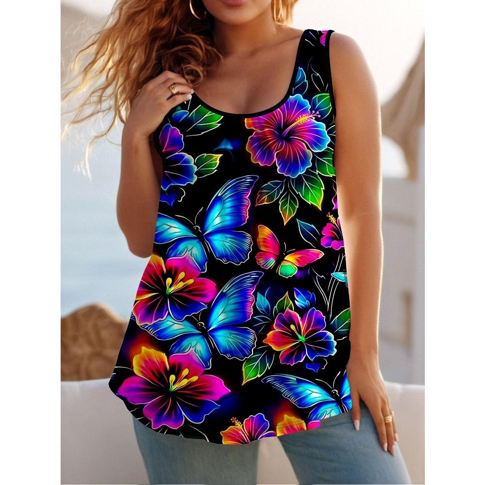 Summer Women's Large Size Colorful Creativity Portrait Flower 3D Printing Vest Loose Fashionable Comfortable Soft Breathable O Neck Sleeveless Vest