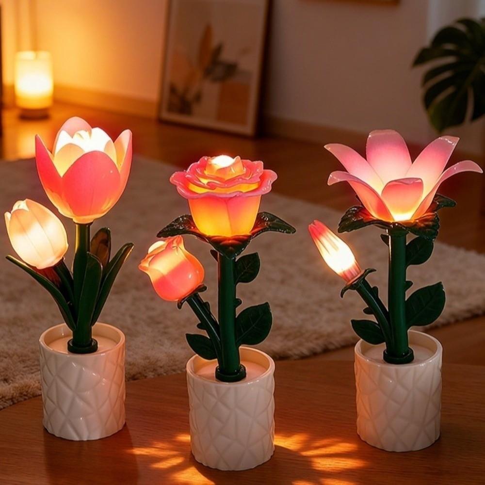 Pink Flower Table Lamp Plastic Potted Plant Atmosphere Night Light Building Block Style Tulip/Rose/Azure Orchid Bedside Lamp