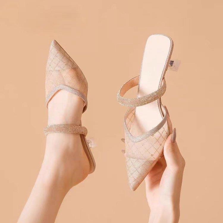 

Baotou high-heeled half-drag shoes for women in summer, thin-heeled sandals, new mesh sandals for women 34 шампанського