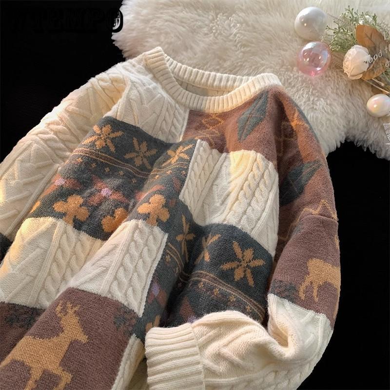 Vintage Patchwork Fried Dough Twists Round Neck Sweater Lovers Outfit Winter Port Style Graffiti Sweater Loose Pullover Lovers Knitwear Men and Women