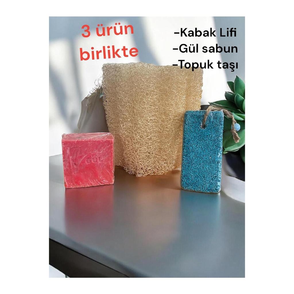 Set Of 3 Natural Pumpkin Washcloth, Natural Rose Soap, Pumice Heel Stone, Peeling