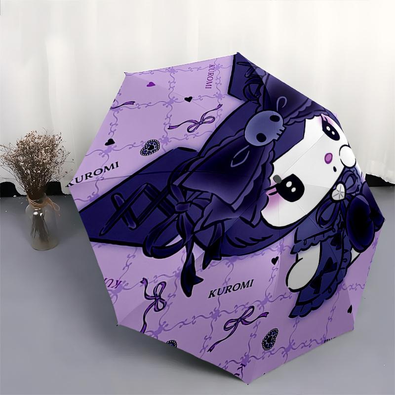 Kuromi,Bow Automatic Folding Umbrella-Simple 8-Rib Design, Bright Cartoon Pattern, Durable Iron Frame, Suitable For Travel, Outdoor, Beach-C