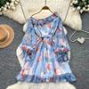 Women Off Shoulder Floral Print Short Dress Long Sleeve Ruffle Splice Smocked Waist A-Line Mini Skirt Casual Summer Beach Vacation Dress