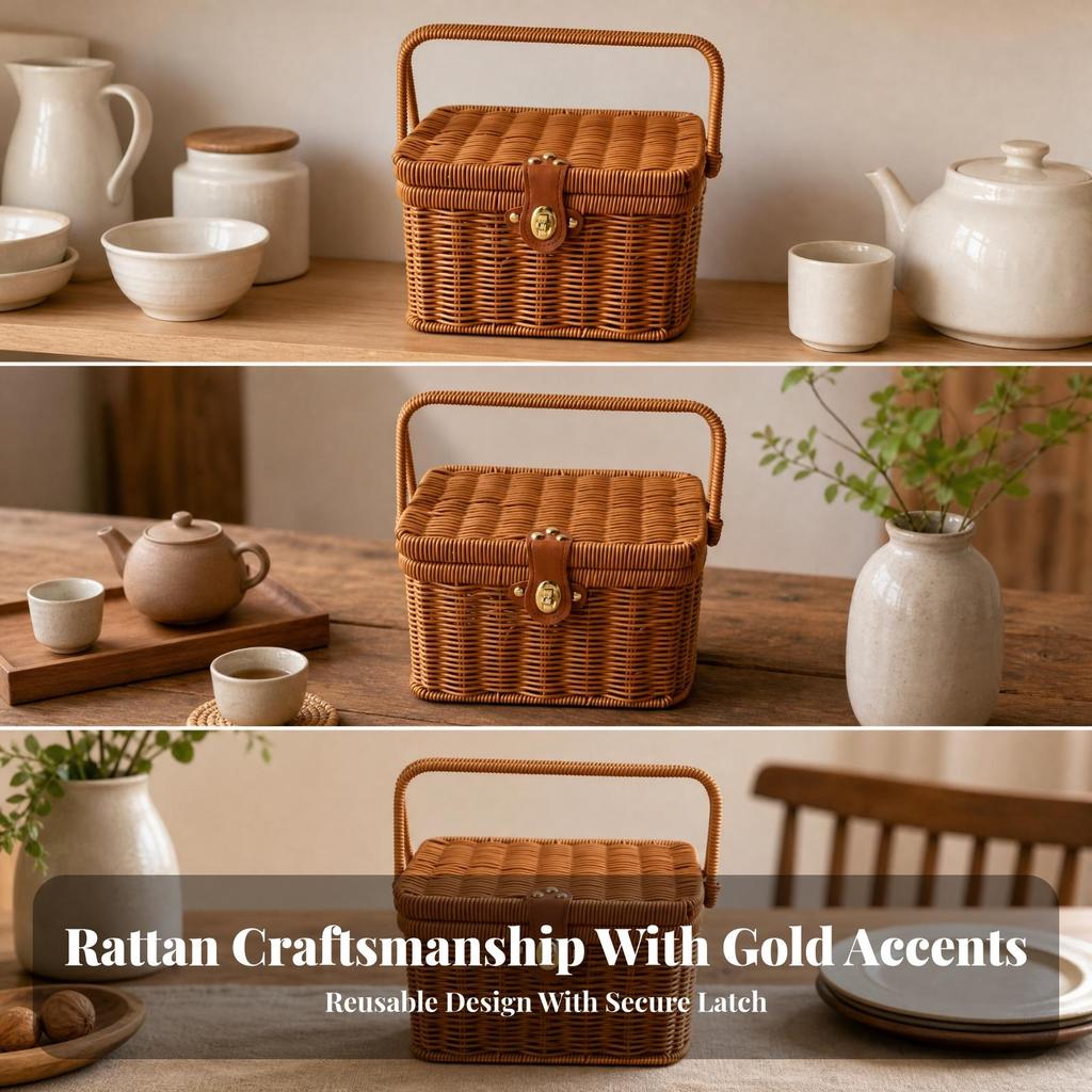 Rectangular Lidded Wicker Basket Sturdy Woven Container with Handle Easy