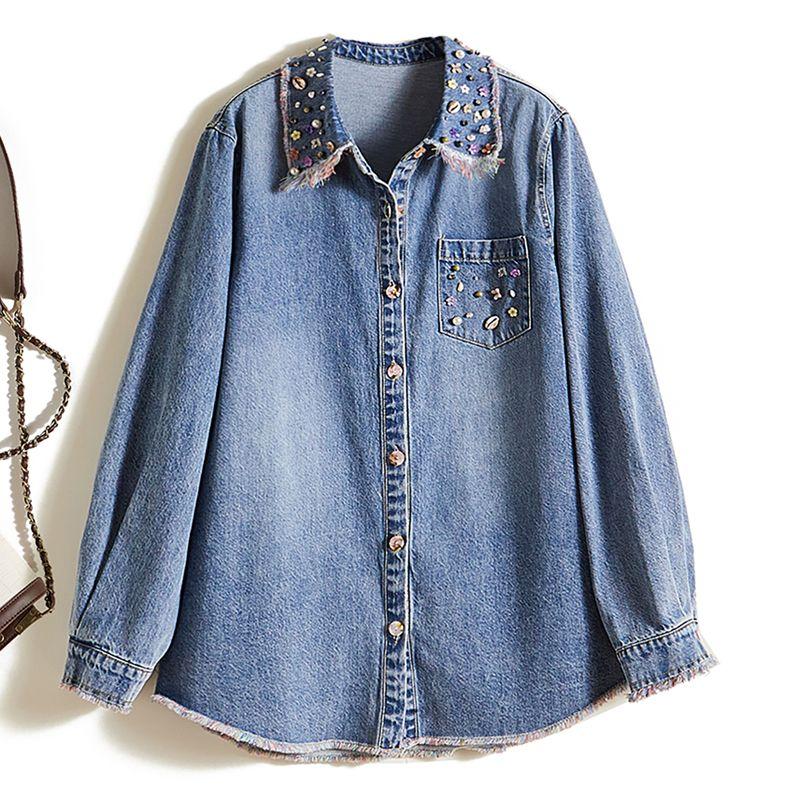 

Quality Export Orders! Top Quality Women s Lapel Rhinestone Single-Breasted Washed Cotton Denim Blue Shirt Spring and Autumn Coat Blue 3XL