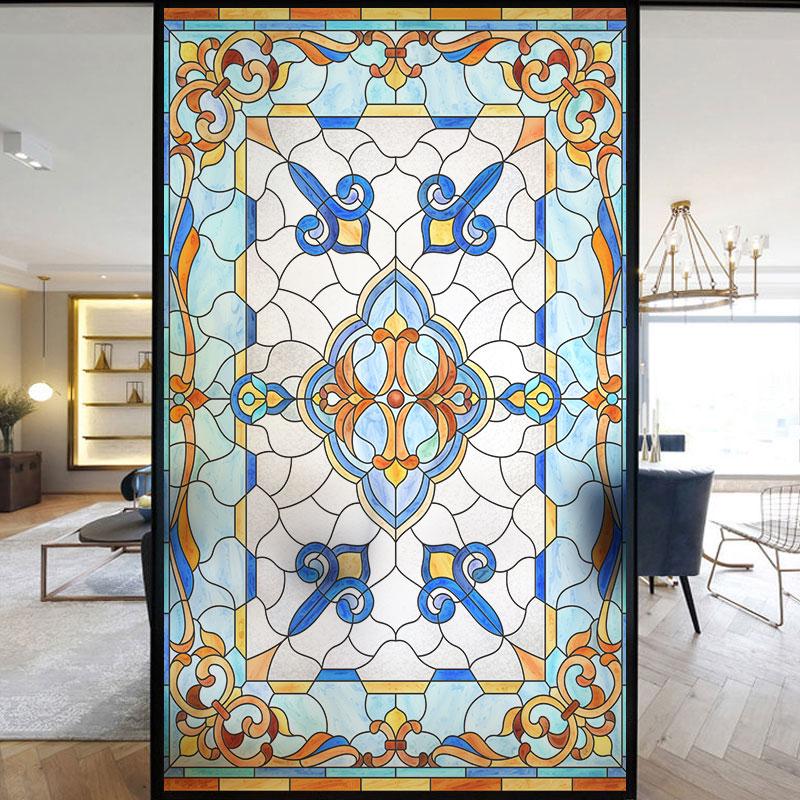 Colorful Stained Frosted Glass Film Modern Art Geometry Pattern Window Stickers Opaque Self-adhesive European Home Decor Privacy