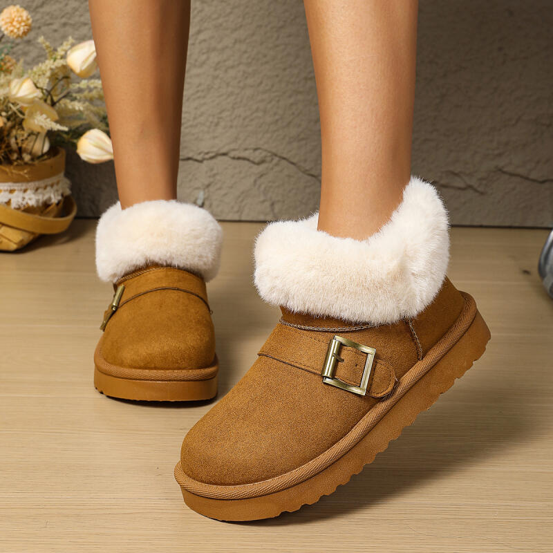 Fashion Luxury Metal Buckle Decoration Faux Fur Snow Boots Women 2025 Winter Soft Thick Bottom Ankle Booties Warm Short Plush Boots