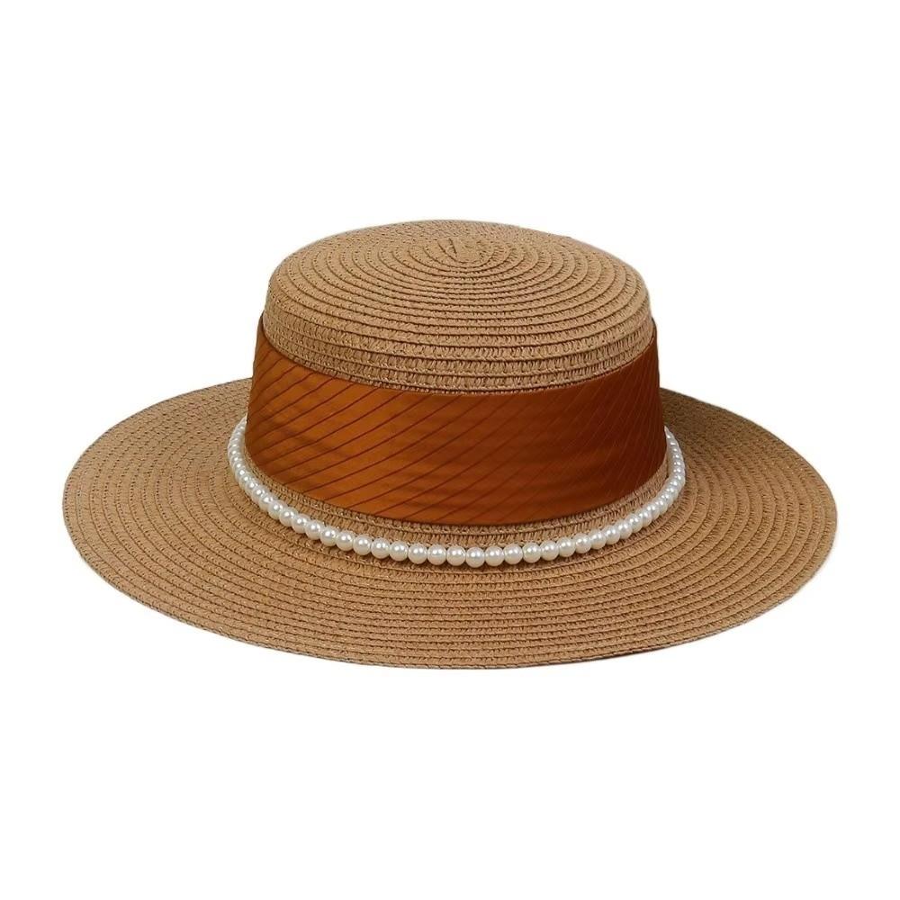 New French Hepburn Style Straw Hat Solid Color UV Protection Pearl Chain Hat Breathable Straw Weaving Flat Sun Hat Beach Wear