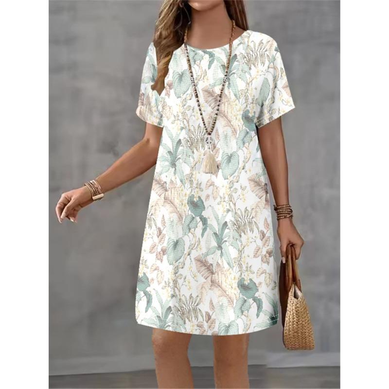 Women Elegant Temperament Dress Summer New Short Sleeved Dress Fashion New Flower Print Casual Retro Mini A-line Dress