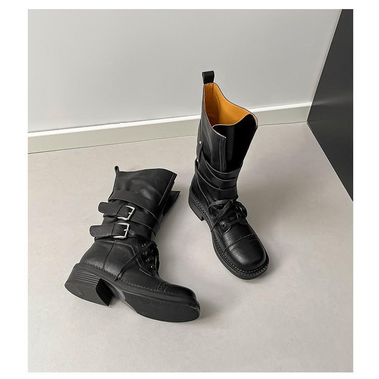 Cowhide version retro British Martin boots women's new thick heel belt buckle short boots thin locomotive boots versatile single boots