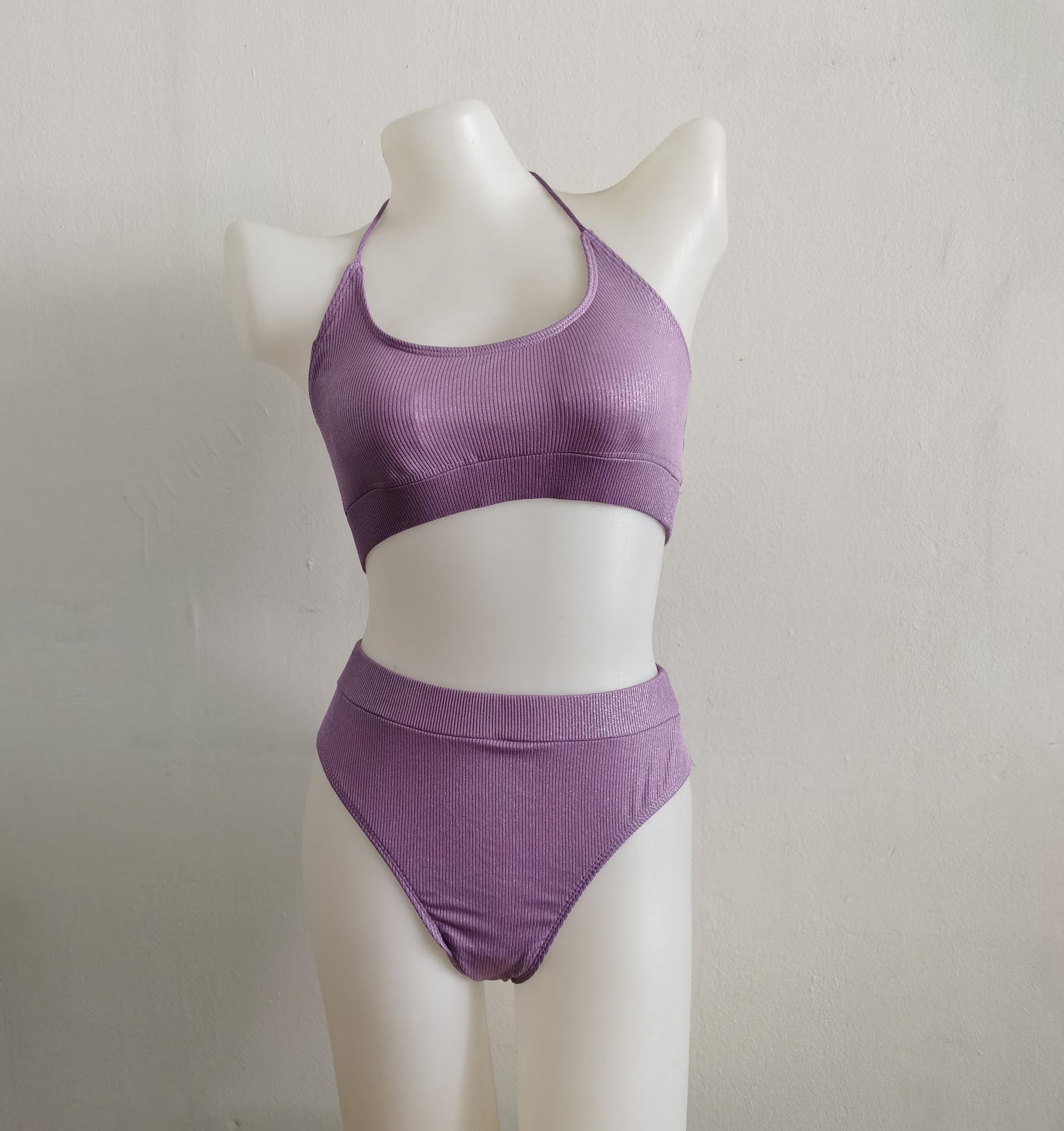 

European & American Ribbed U-Neck High-Waisted Halter Bikini - Sexy Vacation Women s Swimsuit Medium фиолетовый