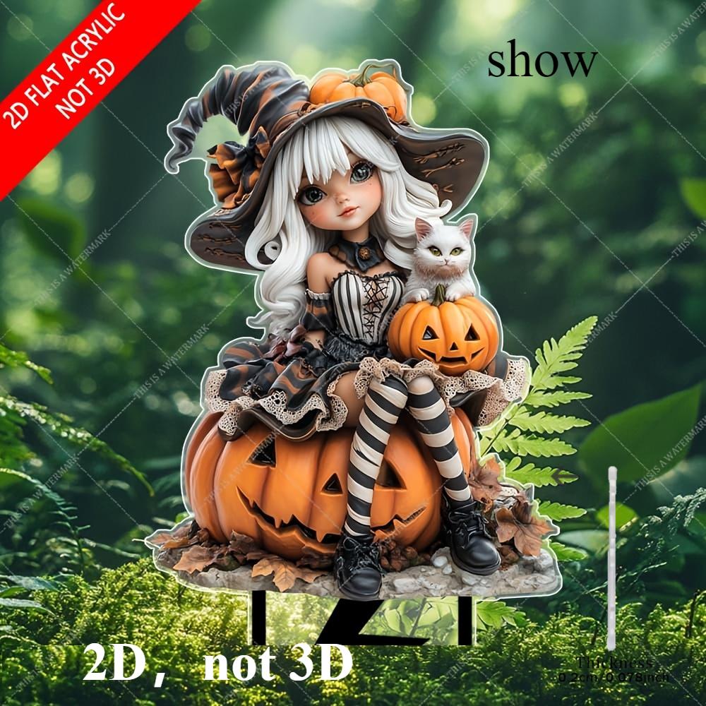 Płaska dekoracja akrylowa 2D czarownicy i kota na zewnątrz, do ogrodu, trawnika, roślin doniczkowych i sztuki krajobrazu, motyw Halloween, odpowiednia na 11 świąt